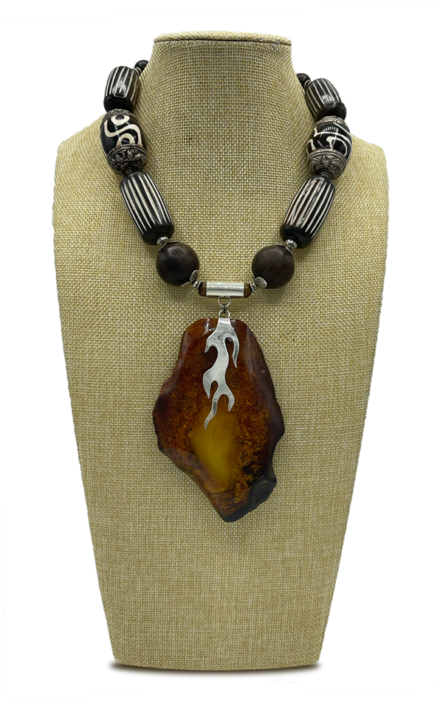 N1-6709-main Fire' Baltic Amber Pendant and Tibetan Wood Necklace