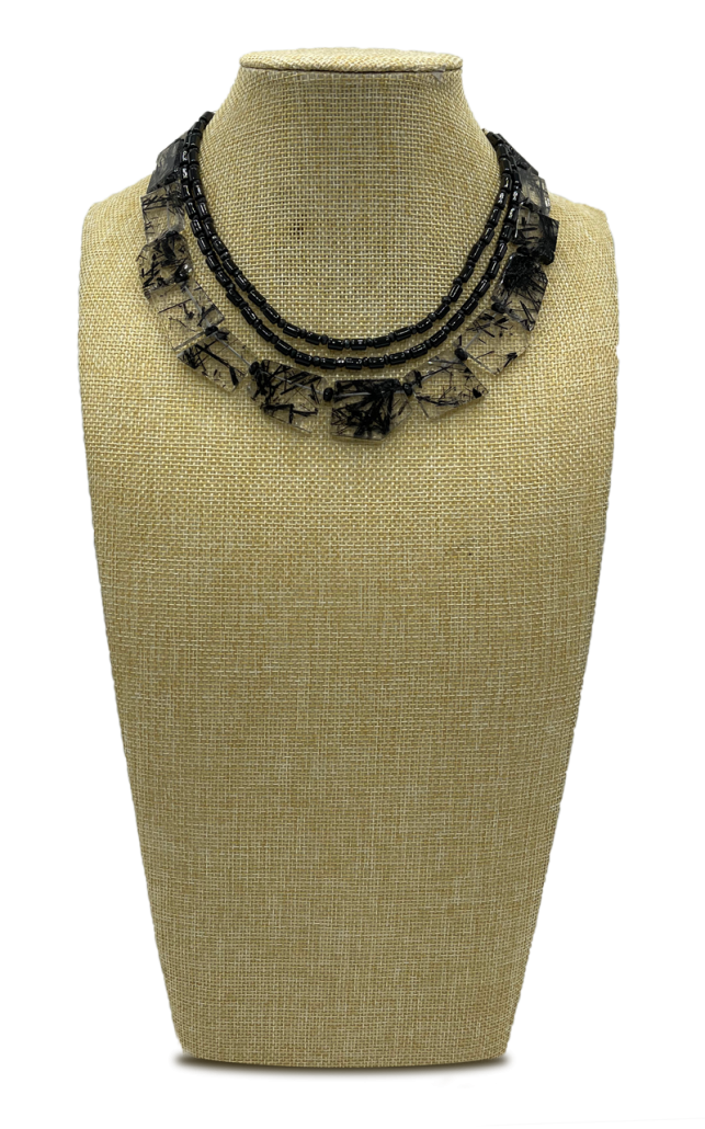 N1-8009-main Zebra Trail Onyx and Rutilated Quartz Multi-Strand Collar Necklace