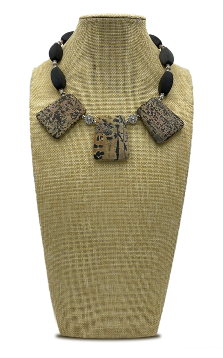 Safari Leopard Jasper & Black Stone Collar Necklace