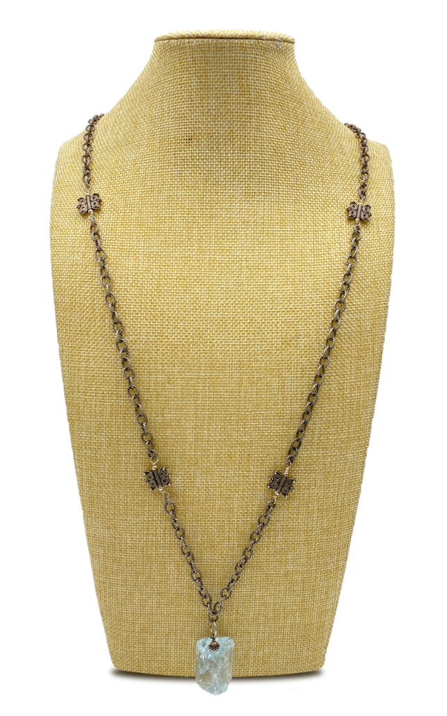 Long Antique Finish Cable Plated Chain Necklace with Natural Aquamarine Gemstone Pendant 1 Long Antique Finish Cable Plated Chain Necklace with Natural Aquamarine Gemstone Pendant
