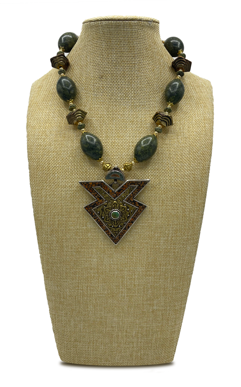 Russian Serpantine and Tibetan Vintage Pendant Necklace